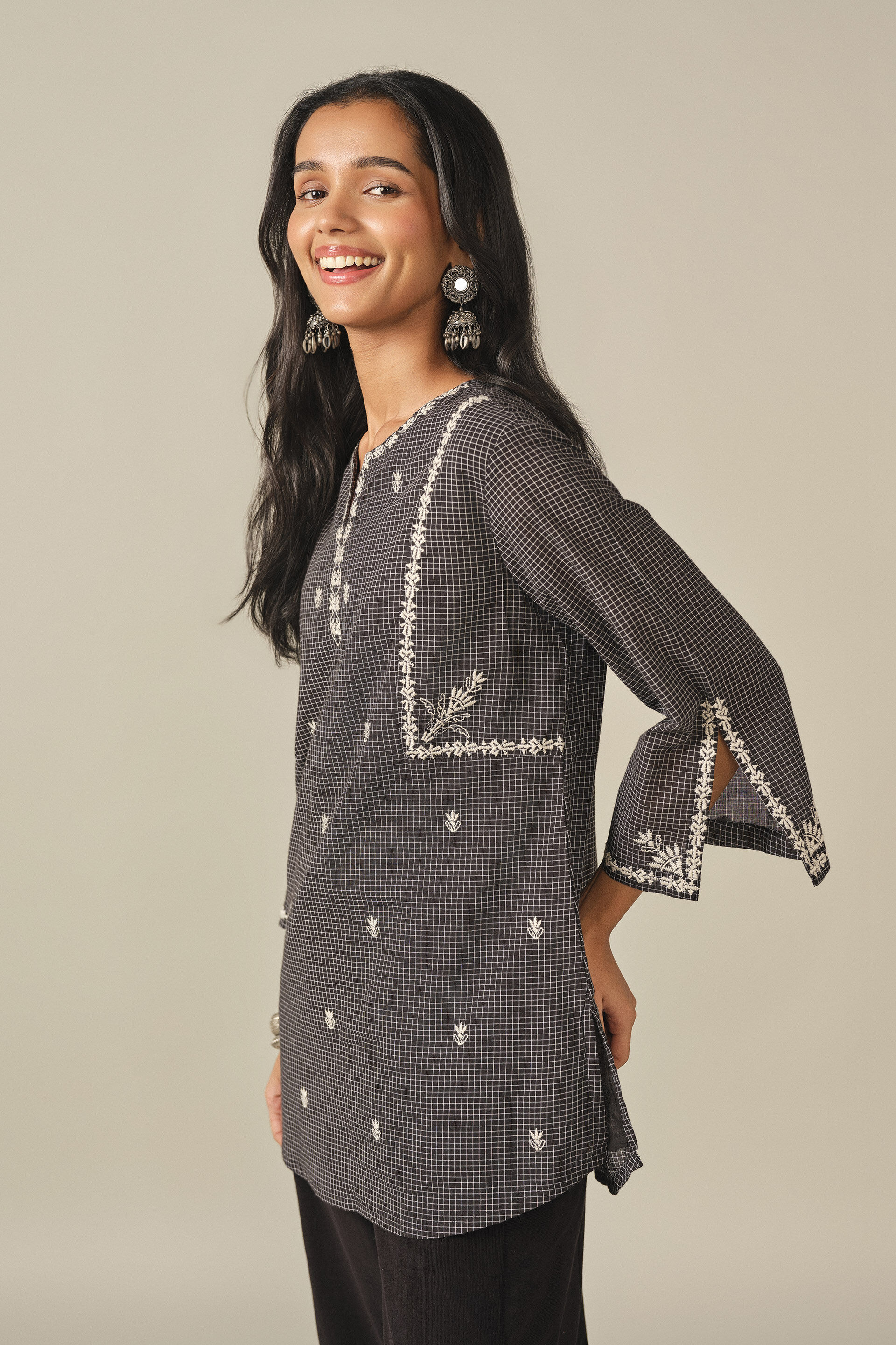 Embroidered Cotton Tunic in Black, Black, image 4